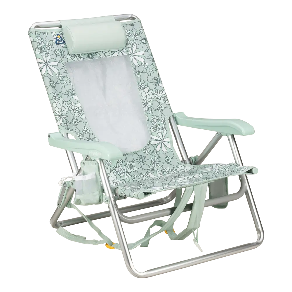 Rust-Resistant Aluminum Backpack Beach Chair - Choice 709 - Portable Heavy-Duty Low Boy Chair for Ocean Side - Floral Pastel Green