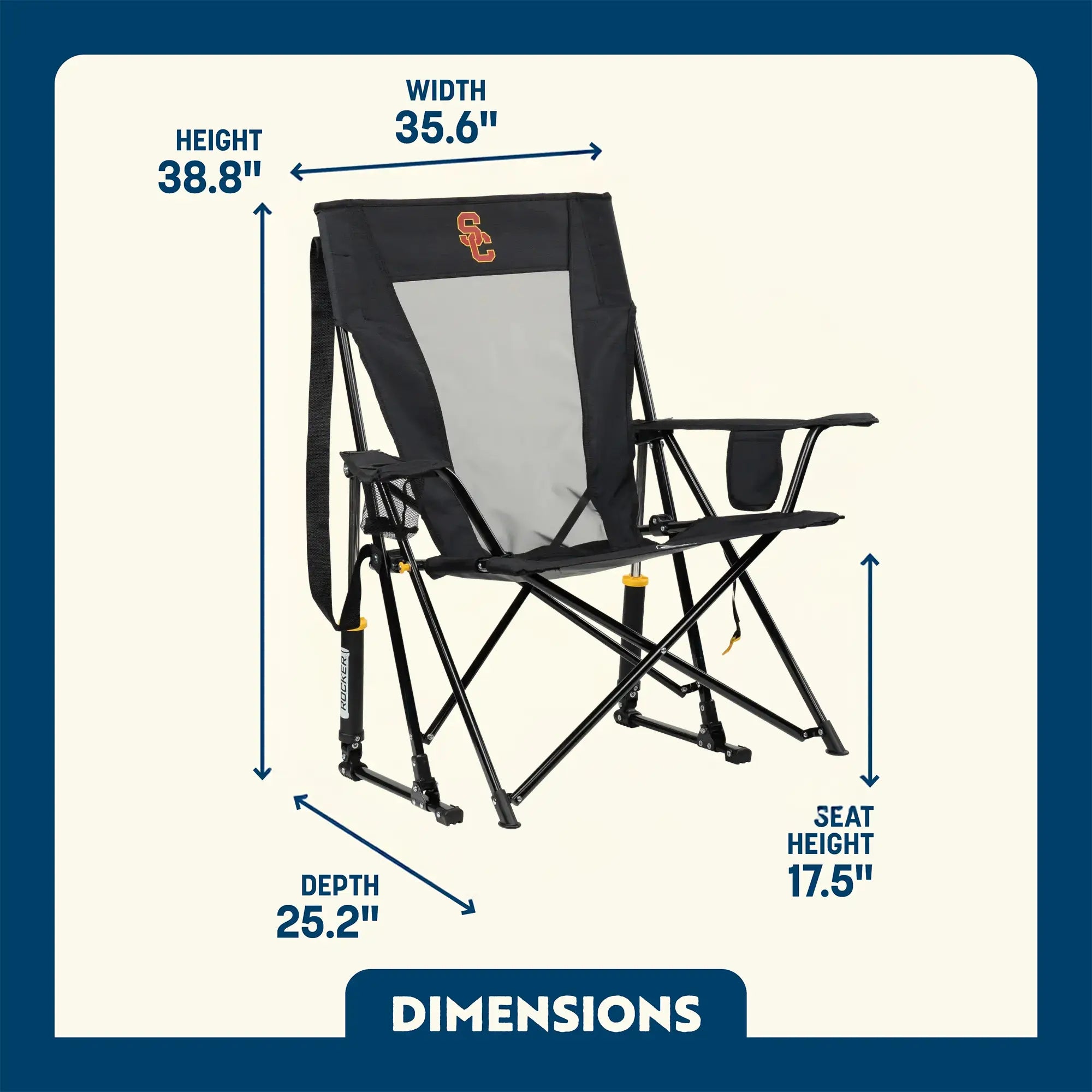 Patented Spring-Action College Comfort Pro Rocker - USC Trojans - Choice 856 - Freestyle Rocker Portable Outdoor Folding Chair Detail