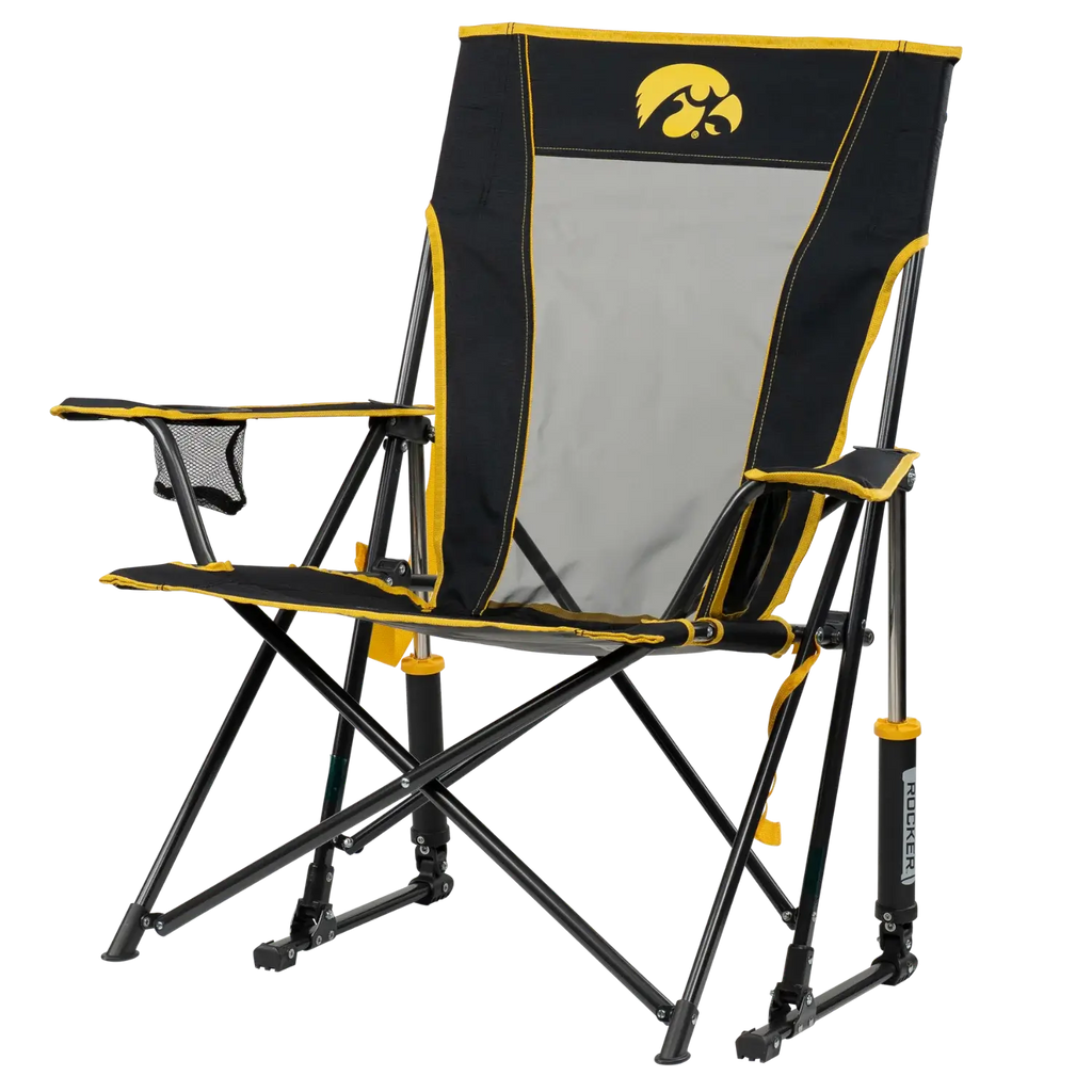 Premium All-Weather College Comfort Pro Rocker - Iowa Hawkeyes - Choice 249 - RoadTrip Rocker Smooth Motion Camp Chair Detail