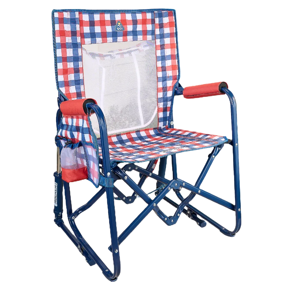 Luxury Camp Stowaway Rocker with Storage Pouch - Choice 573 - Freestyle Rocker Portable Outdoor Folding Chair - Patriotic Plaid