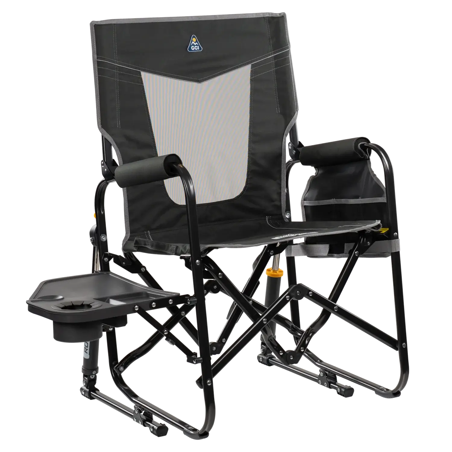 Premium All-Weather Stowaway Rocker with Side Table - Choice 253 - RoadTrip Rocker Smooth Motion Camp Chair - Dark Charcoal