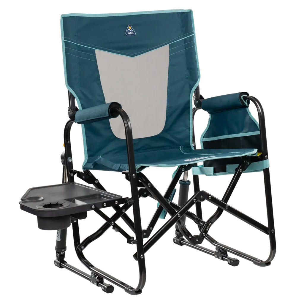 Premium All-Weather Stowaway Rocker with Side Table - Choice 253 - RoadTrip Rocker Smooth Motion Camp Chair - Teal